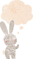 cute cartoon rabbit with thought bubble in grunge distressed retro textured style png