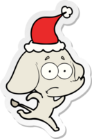 hand drawn sticker cartoon of a unsure elephant running away wearing santa hat png