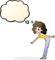 cartoon woman reaching to pick something up with thought bubble png