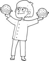 hand dragen svart och vit tecknad serie kock med hamburgare png