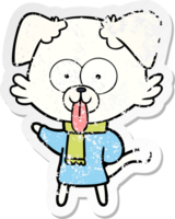 distressed sticker of a cartoon dog in winter clothes png