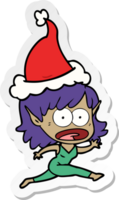 hand drawn sticker cartoon of a shocked elf girl wearing santa hat png