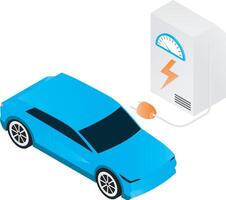 Electric vehicle with charger of isometric style vector