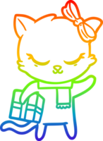 rainbow gradient line drawing of a cute cartoon cat with present png