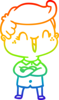 rainbow gradient line drawing of a cartoon laughing boy crossing arms png