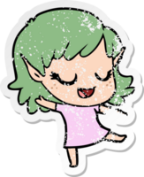 distressed sticker of a happy cartoon elf girl png