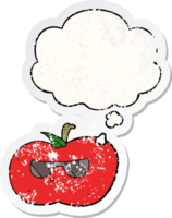 cartoon cool apple with thought bubble as a distressed worn sticker png