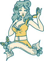 iconic tattoo style image of a pinup surprised girl with banner png