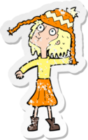 adesivo retrô angustiado de uma mulher de desenho animado usando chapéu de inverno png