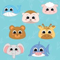 Cute kawaii emoji animal icons set vector