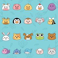 Cute kawaii emoji animal icons set vector