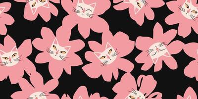 Seamless patterns with floral and kittens for fabric, textiles, wall art, poster, cover, banner, interior decor, Cat heads with flowers backgrounds. vector