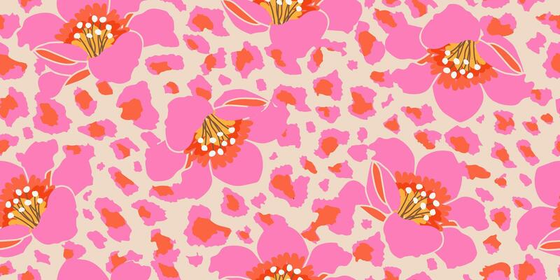Exotic hand drawn flowers print, seamless patterns with floral and leopard for fabric, textiles, clothing, poster, cover, banner, wall art, home decor, abstract backgrounds.