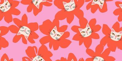 Seamless patterns with floral and kittens for fabric, textiles, wall art, poster, cover, banner, interior decor, Cat heads with flowers backgrounds. vector