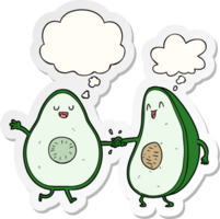 cartoon dancing avocados with thought bubble as a printed sticker png