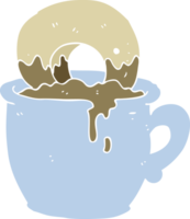 flat color illustration of donut dunked in coffee png