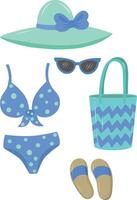 A set of summer things for relaxing at sea. Swimsuit, flip-flops, beach bag, hat and sunglasses. A flat cartoon illustration on a white background. vector