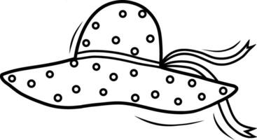 Women's polka dot summer beach hat with ribbon, stock illustration. Black and white contour illustration of a hat with a brim. vector