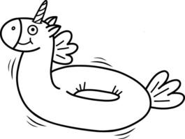 Illustration of a unicorn bathing circle. Unicorn bathing circle. illustration of an inflatable swimming toy highlighted on a white background. Black and white hand-drawn illustration. vector