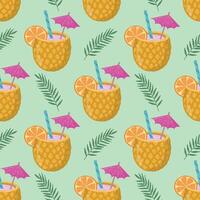 Summer seamless pattern with hand-drawn alcoholic cocktails. Vintage background with drinks, pineapples, flowers and lemons on a light background for textiles, wrapping paper, menus vector