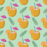 Summer seamless pattern with hand-drawn alcoholic cocktails. Vintage background with drinks, pineapples, flowers and lemons on a light background for textiles, wrapping paper, menus vector
