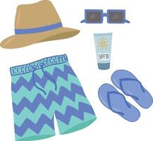 A set of summer things for relaxing at sea. Shorts, flip-flops, a hat and sunglasses. A flat cartoon illustration on a white background. A set for men. illustrations. vector