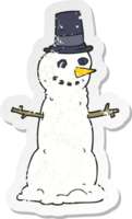 adesivo retrô angustiado de um boneco de neve de desenho animado na cartola png