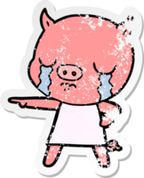 distressed sticker of a cartoon pig crying pointing png