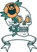 traditional tattoo with banner of a skull and rose png