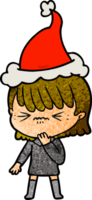 main tiré texturé dessin animé de une fille regretter une erreur portant Père Noël chapeau png