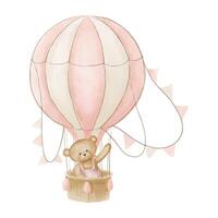 Air Balloon with Teddy Bear. Vintage watercolor illustration for Baby shower greeting cards or Children party invitations. Drawing of old retro aircraft for kid design in pastel pink and beige colors vector