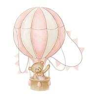 aire globo con osito de peluche oso. Clásico acuarela ilustración para bebé ducha saludo tarjetas o niños fiesta invitaciones dibujo de antiguo retro aeronave para niño diseño en pastel rosado y beige colores vector