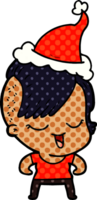 happy hand drawn comic book style illustration of a girl wearing santa hat png