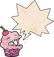 funny cartoon cupcake with speech bubble in retro texture style png
