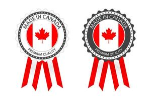 Two modern Made in Canada labels isolated on white background, simple stickers in Canadian colors, premium quality stamp design, flag of Canada vector