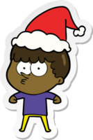 hand- getrokken sticker tekenfilm van een nieuwsgierig jongen vervelend de kerstman hoed png