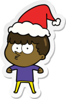 main tiré autocollant dessin animé de une curieuse garçon portant Père Noël chapeau png