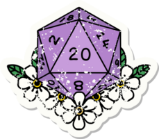 grunge sticker of a natural 20 D20 dice roll with floral elements png