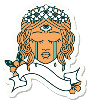 tatuering stil klistermärke med baner av kvinna ansikte med mystiker tredje öga gråt png