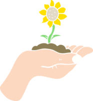 flat color illustration of flower growing in palm of hand png