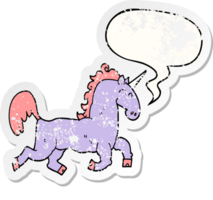 cartoon unicorn with speech bubble distressed distressed old sticker png