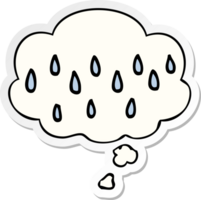 cartone animato pioggia con pensato bolla come un' stampato etichetta png