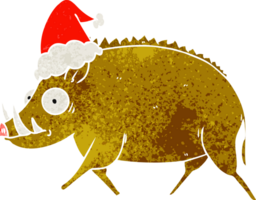 hand drawn retro cartoon of a wild boar wearing santa hat png