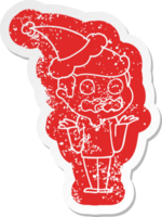 quirky cartoon distressed sticker of a man totally stressed out wearing santa hat png