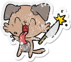 distressed sticker of a cartoon crazy dog with knife png