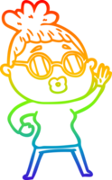 rainbow gradient line drawing of a cartoon waving woman wearing sunglasses png