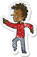 retro distressed sticker of a cartoon man pointing png