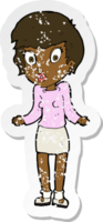 retro distressed sticker of a cartoon woman shrugging shoulders png