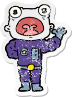 distressed sticker of a cartoon weird alien waving png