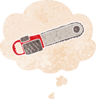 cartoon chainsaw with thought bubble in grunge distressed retro textured style png